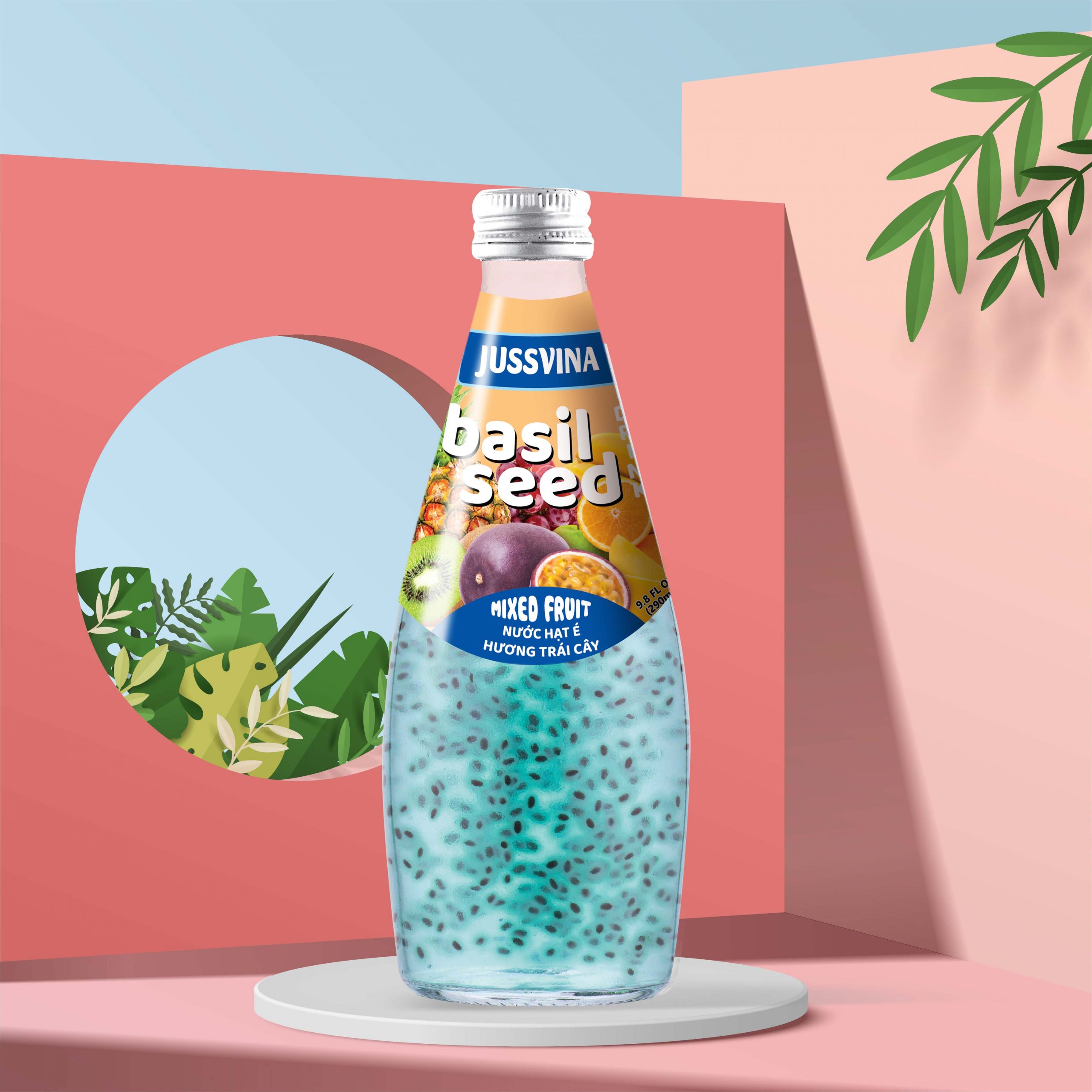 jussvina mixed fruit basil seed drink 290ml glass bottle