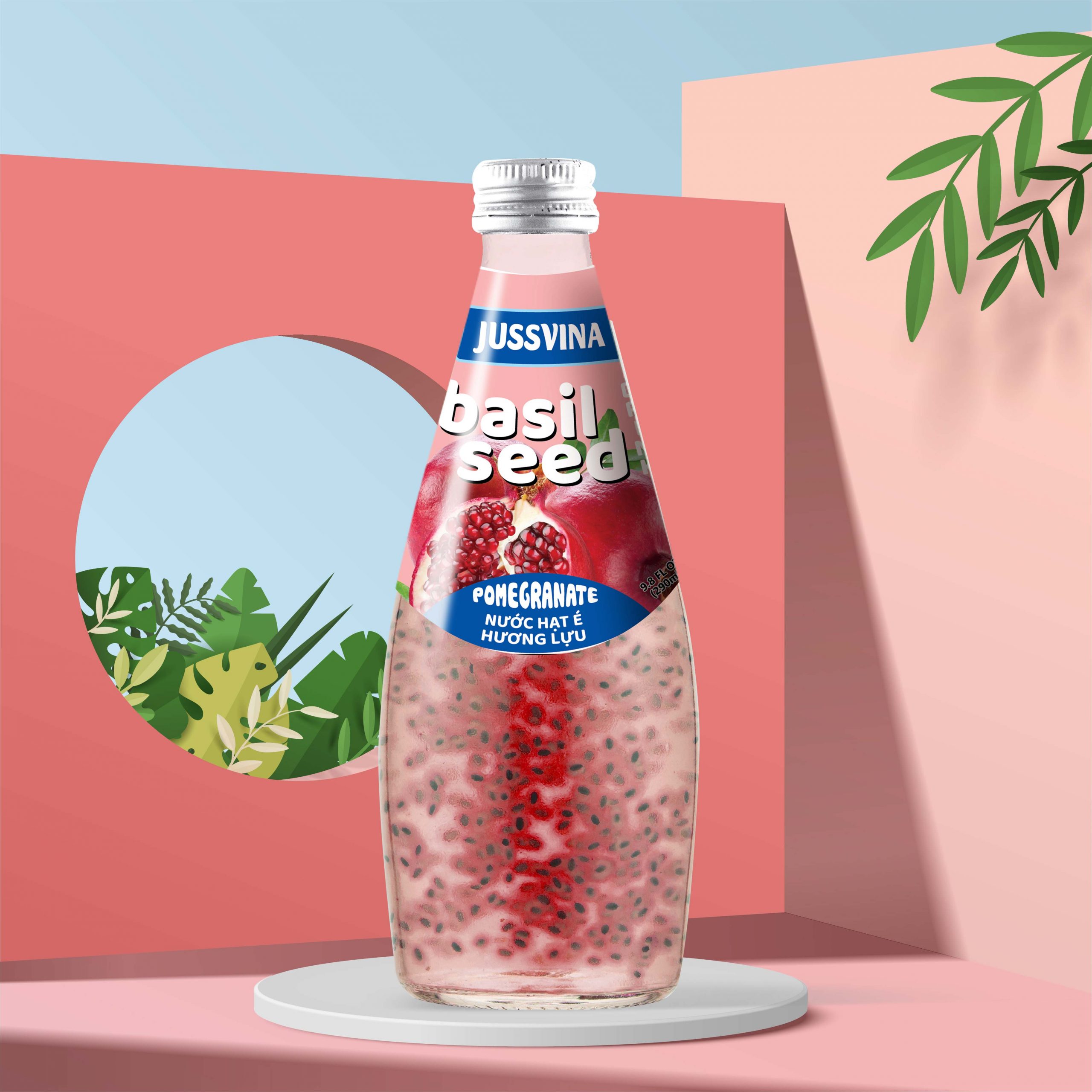 jussvina pomegranate basil seed drink 290ml glass bottle